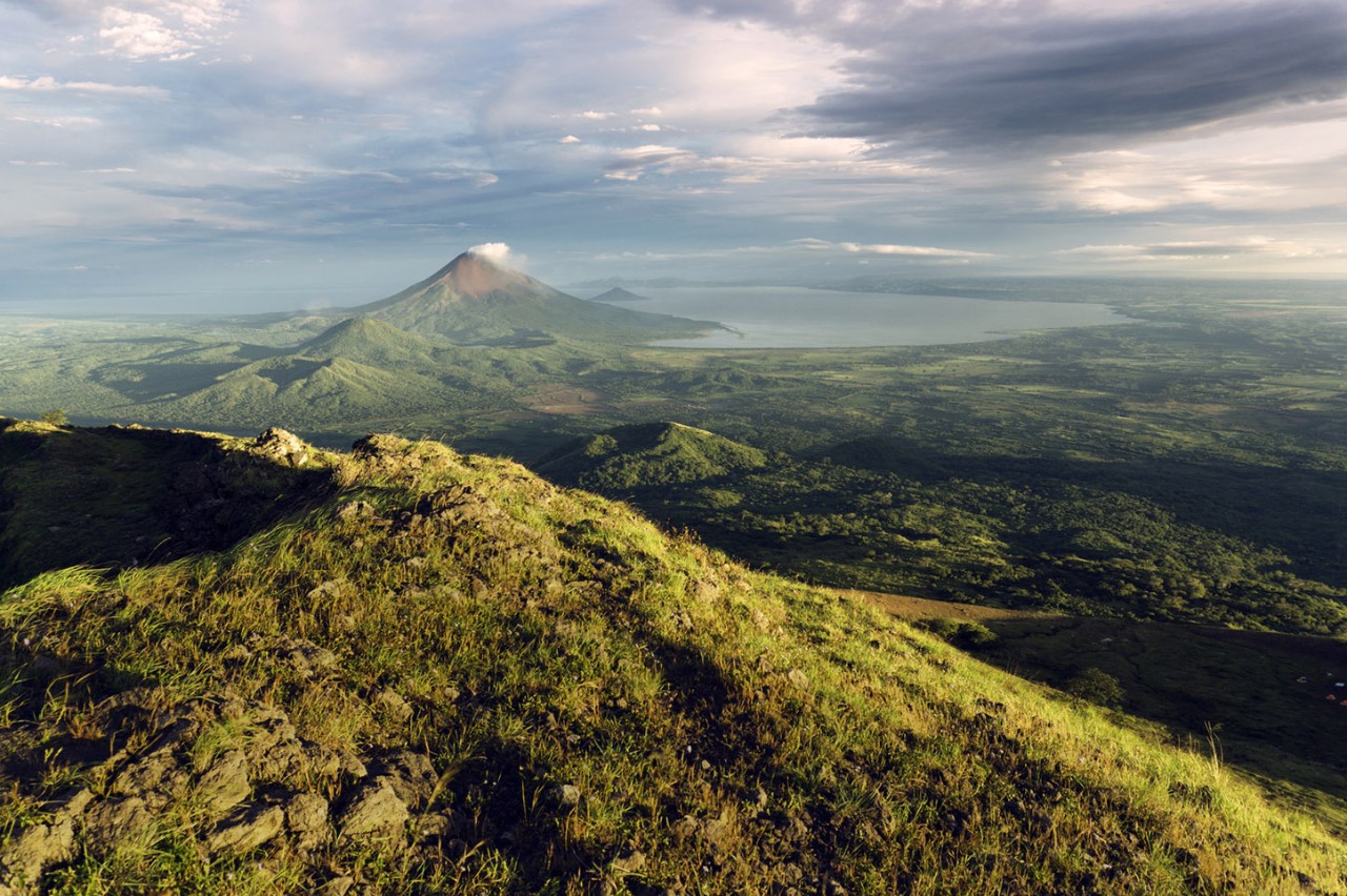 Aerial view of Concepcion Volcano green landscape against cloudy sky